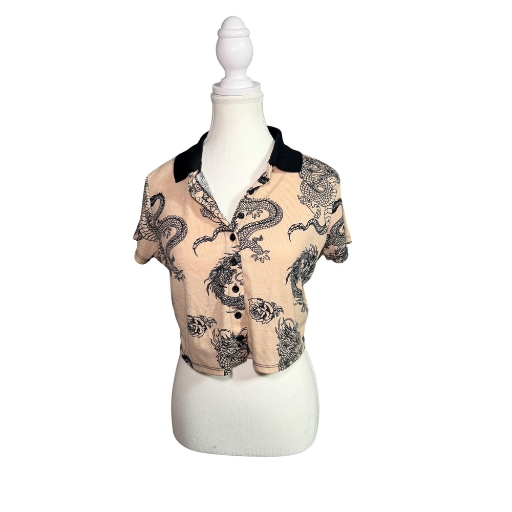 Dragon Print Crop Top Y2K Grunge Baby Tee Button Front Beige Black L Faded Rose
